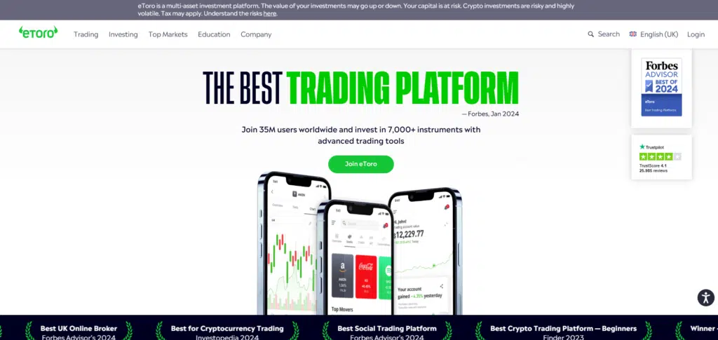 หน้าเว็บไซต์หลัก eToro